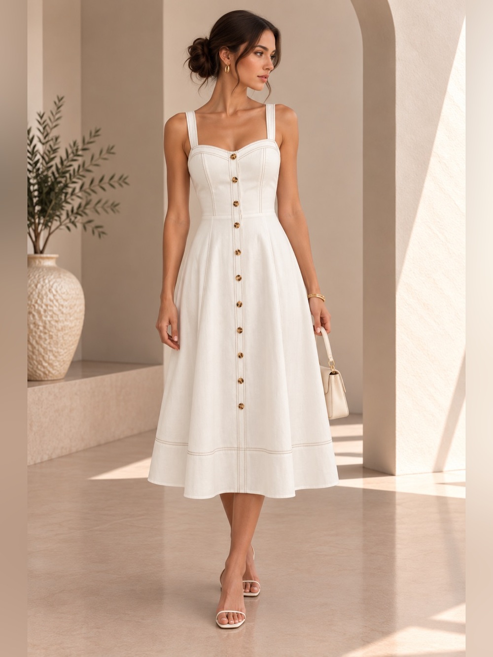 NWT Commense Contrast Stitch Button Front Midi Cami Dress in White, size XS / US